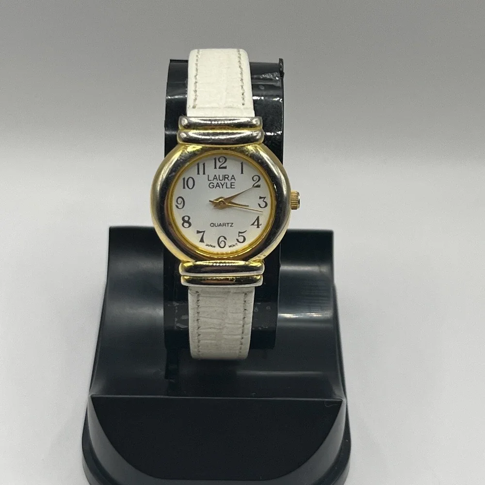 Laura Gayle‎ Gold Tone Quartz Watch White Leather Band- New Battery!